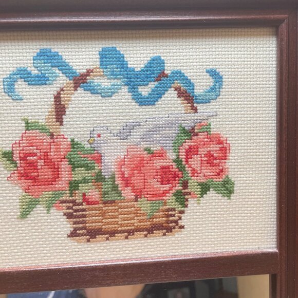 Vintage Wooden Framed Mirror With Handcrafted Cross-Stitch Rose & Dove Design - Picture 4 of 15